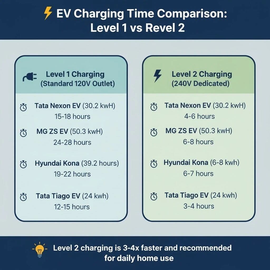 EV charging time comparison table Level 1 vs Level 2 charger India Tata Nexon MG ZS Hyundai Kona charging speed
